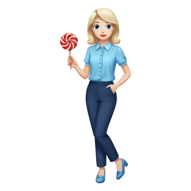 female smart light blue blouse, dark trousers, shoes. one hand holding a lolly sticker