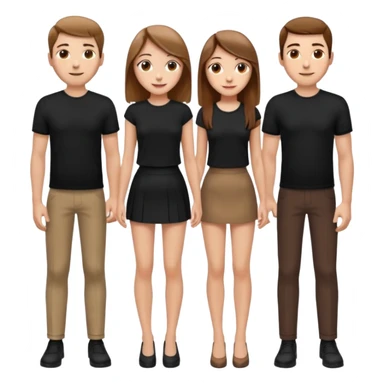 emoji of a girl with long, straight light brown hair, fair skin, soft brown eyes. Wearing a stylish black top and mini skirt. Full-height, standing confidently with shoulders back, head up, smiling proudly. Surrounded by 3men and one woman next to her, looking at her with admiration. sticker