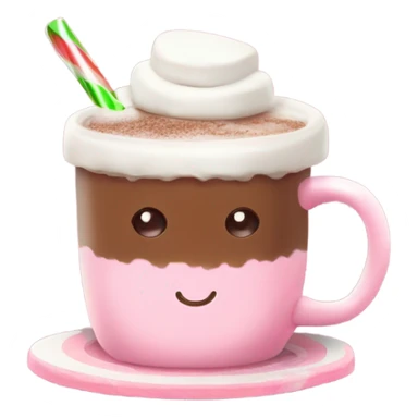 hot chocolate with marshmallows and little peppermint on the side with a light pink ribbon tied around hot chocolate cup sticker