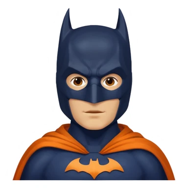 generate a batman emoji with just the face and neck showing and part of the cloak and and wings. Shade the mask in dark navy blue. Shade the chest in a bright medium olive green. Shade the cloak in a solid vibrant orange sticker