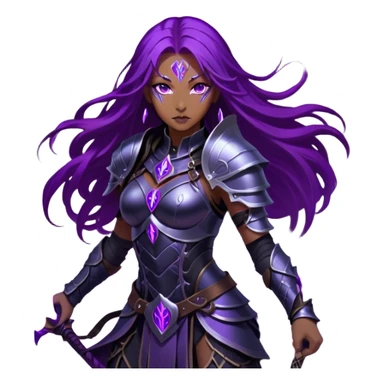 A mysterious warrior girl with long, flowing purple hair catching the dim light. Her glowing violet eyes stare forward, unwavering. She wears sleek black armor, adorned with silver runes that pulse faintly with hidden power. A dark mist swirls at her feet, hinting at the energy she commands. sticker