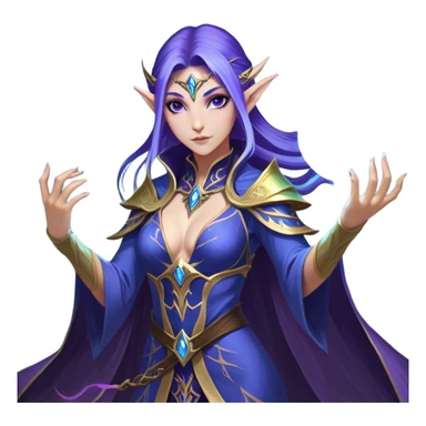 Cinematic Realistic WoW Elf Mage Portrait, captured in a dynamic, battle-ready stance, her graceful form exuding raw arcane energy. Her luminous skin and delicate features, set against an intricately detailed robe in consistent deep blues and purples with golden accents, are rendered with lifelike texture and dynamic, magical lighting, high shine, fierce and commanding, embodying the relentless spirit of an elven sorceress mid-spell. sticker