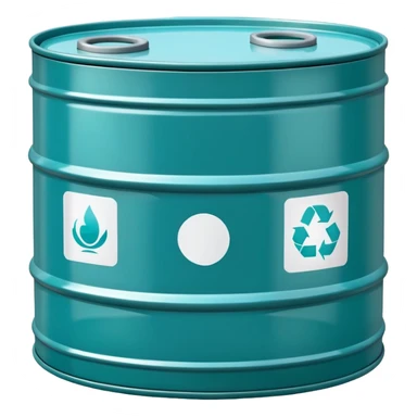 Oil barrel in cool tones with sky blue, teal green, white, and light gray sticker