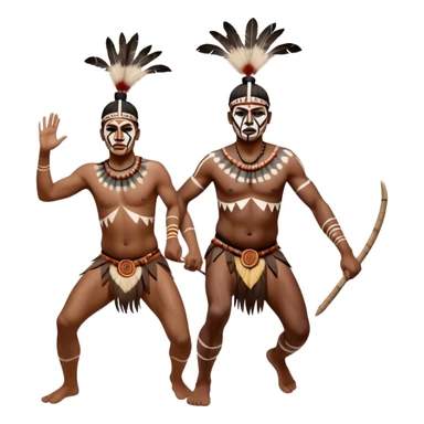 Cinematic Realistic scene of two indigenous male aboriginals performing an Aboriginal Corroboree, adorned in traditional body paint, captured in fluid motion with earthy tones and vibrant, cultural lighting sticker