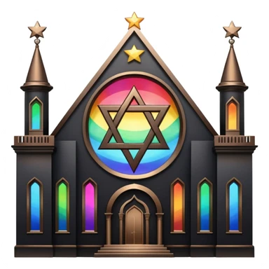 jewish synagogue temple in dark goth aesthetic style with black building and very light tint glass windows that are rainbow if looked at together. and star of david and celestial symbolism sticker