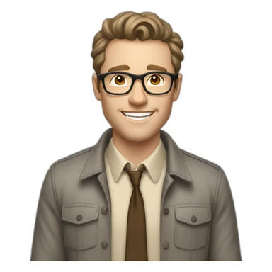 Joyful Pale skinned Fit Man With dark brown hair in gray jacket, beige office shirt, Brown pants and vintage glasses. His thrumbs up sticker