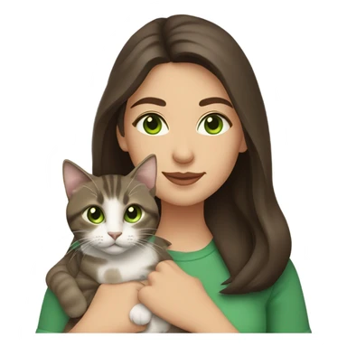 Caucasian woman with long dark brown hair and brown eyes holding a tabby cat with green eyes sticker