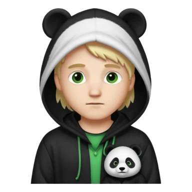 A white man with green eyes, medium-length blond hair, wearing a panda hoodie and black pajama-like robes. sticker