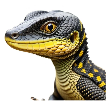 cinematic-realistic-cute-monitor-lizard-portrait-emoji,-head-tilted-playfully-and-inquisitively,-featuring-a-compact,-agile-body-with-finely-detailed,-glossy-scales-in-earthy-black and yellow-hues-and-a-distinct,-alert-face-with-bright,-curious-eyes, black , yellow spotted and green band  scales and a slender neck sticker