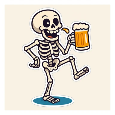 Create a variant of a skeleton drinking a beer, balancing on one leg like a flamingo, with a playful expression, in a cartoon sticker style. The style should mimic cartoonish stickers with bold outlines and vibrant colors. sticker