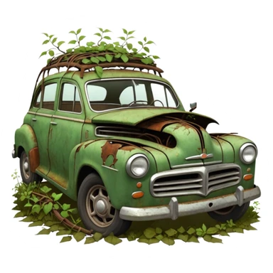 Broken down old car covered in rust and vines,  cracked windshield, weeds growing through wheels,  muted desaturated browns and greens,  decay texture, forgotten and overgrown sticker