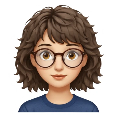 Koyu renk, dağınık dalgalı saçlı, kısa kahküllü, yuvarlak gözlüklü ve büyük kahverengi gözlü bir genç kadının yüzünü gösteren emoji tarzı illüstrasyon. Hafif bir gülümseme veya tatlı bir sırıtış ifadesi var. Cilt tonu açık. sticker