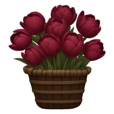 a black basket of flowers consisting of dark red peonies in shades of burgundy and  five tulips in shades of red sticker