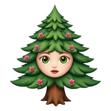 Petit sapin vert sylvestre, féminin, regard malicieux, tâches de rousseurs délicates, joues roses. Yeux de biche brillants en forme amande, yeux couleur ambre, tronc couleur acajou. Sapin en mouvement, incurvé pour un effet vivant. sticker