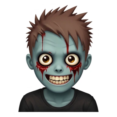 zombie boy with brown emo spiky hair, white skin, and white eyes; an open smile, and bloodied teeth; sticker