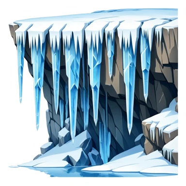 A stunning winter scene showing long, sharp icicles hanging from a frozen cliff or ledge, glistening in bright daylight. The surface is covered in snow and ice, with a cold blue and white color palette, highly detailed, realistic lighting, and frosty atmosphere. sticker