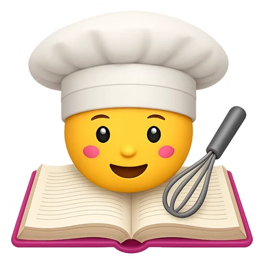 Create an emoji style image of a chef hat on top of a cookbook with a whisk. The style should resemble apple style emojis with clear, concise details and vibrant colors. sticker