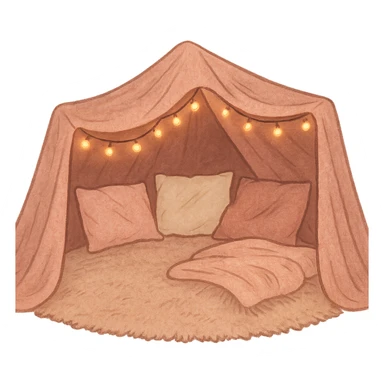 pink cozy blanket fort with string lights, inviting sticker