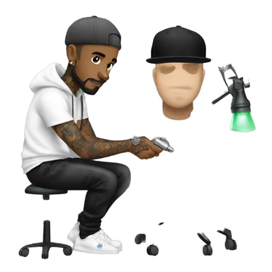 male tattoo artist using hoodie and cap holding tattoo machine sticker