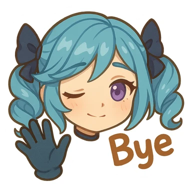 chibi style head of Gwen from League of Legends, right eye purple, one hand waving with glove, expressing a goodbye emote, wistful and soft look, no letters sticker