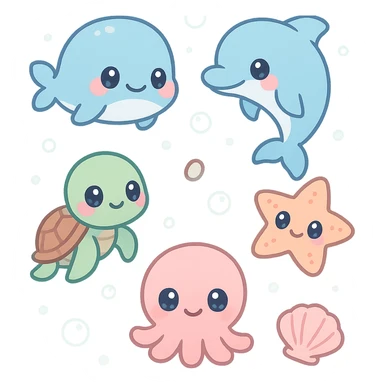 super kawaii soft pastel summer sea theme for LINE app, featuring a cute baby whale, dolphin, sea turtle, octopus, starfish, and seashells, all chibi characters with big sparkling eyes, each character large and spaced apart with no overlaps, bolder outlines, soft shadows, high contrast, soft gradient aqua blue background with floating bubbles, minimal clean layout, high quality, PNG, transparent background, 9:16 aspect ratio sticker