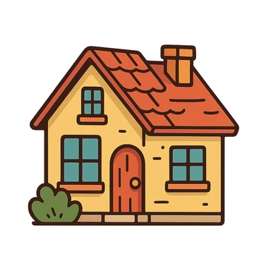 A cartoon-style house icon for a game, bright colors, playful design sticker