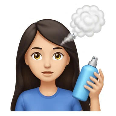Emoji-style illustration of a woman with long dark hair, front-facing, simple rounded facial features, big expressive eyes, flat vector shading. A hand is spraying hair spray from a small aerosol can toward her hair, visible mist/spray particles in the air.  sticker