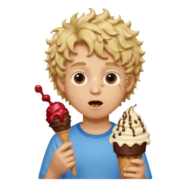 boy blonde curly hair, chef, eating big chocolate ice cream sticker