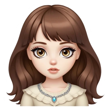 wavy brown long bangs hair, pale skin,  heterochromia iris, pretty bratz baddie, strong black eyeliner sticker