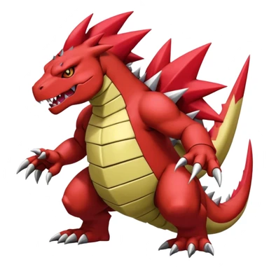 Cool edgy shiny Guilmon-Tyranitar-Drudigon-Digimon-hybrid-fusion, yellow belly, full body sticker