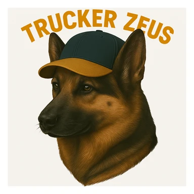 Further compress the image to reduce file size as much as possible while keeping transparency, realistic German Shepherd, and yellow 'Trucker Zeus' text. sticker