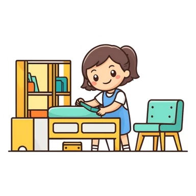 smiling girl arranging furniture in doll house sticker
