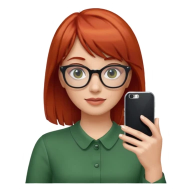 red haired woman with bangs, glasses, green blouse holding her phone having selfie sticker