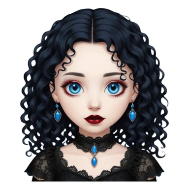 A girl with a dark red goth vampire look in a black goth lace dress with long sleeves longer black curly hair sticker
