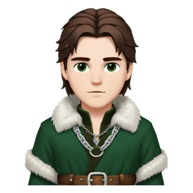 Medieval winter outfit worn by a DnD themed fantasy male character. Double-layered hunter green wool tunic with sable fur collar, featuring silver chain closures and a thick braided leather belt with iron fittings. Clothes only above the waist, full waist coverage. The character has no arms. Character is white-skinned with rich brown hair, amber-flecked eyes, and medium-length straight hair with ice-rimmed edges. sticker