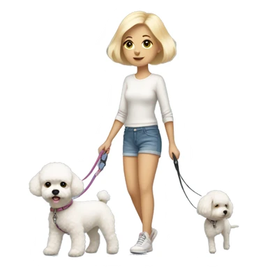 small woman with short bobbed blonde hair wearing a nice shorts outfit walking one bichon dog on a leash sticker