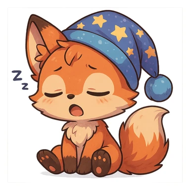 chibi anime style fox character, very sleepy, with a nightcap, cute, colorful, detailed sticker