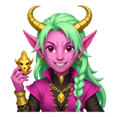 A D&D tiefling with pale green skin and long hot pink hair. She is a rouge and is obsessed with gold sticker