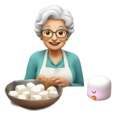 Cute cartoon Italian woman looking grandma holding a marshmallow cooking marshmallows in kitchen sticker