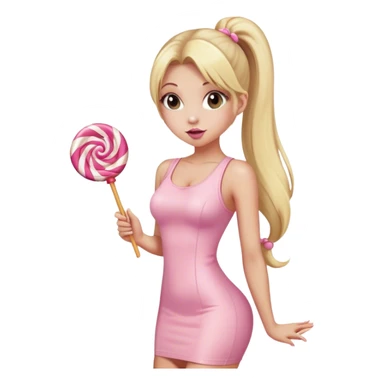 Beautiful woman with long blonde ponytails wearing light pink bodycon dress holding a lollipop sticker