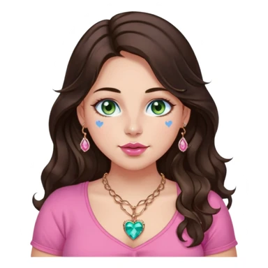 Girl girl long wavy dark brown hair with middle part, green/blue/gold eyes, plus size, pink girly top, right nostril rose gold nose ring, pink heart crystal necklace  sticker