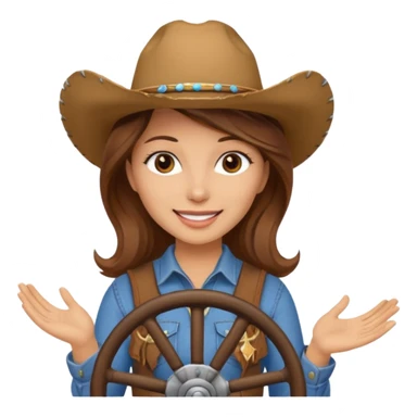 ["Light-skinned cowgirl, brown hair, wearing a cowboy hat, holding the wheel."] sticker