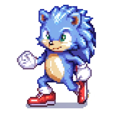 blue hedgehog with red shoes and white gloves, mid-run in a colorful Green Hill Zone with golden rings and motion lines, confident expression sticker