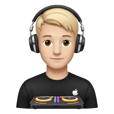 эмодзи парень диджей молодой с диджейский пультом красивый парень со светлыми волосами и в наушниках apple airpods max одет в черную футболку карие глаза  sticker