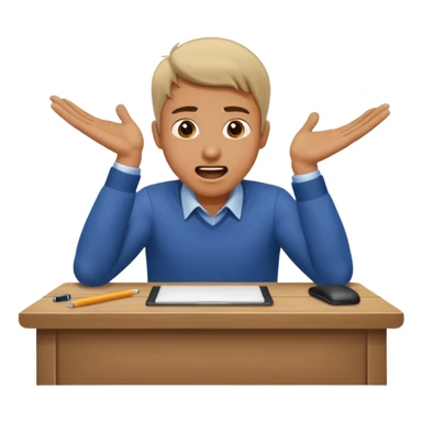 man at desk, leaning forward, hands pressed on table, shouting, working sticker