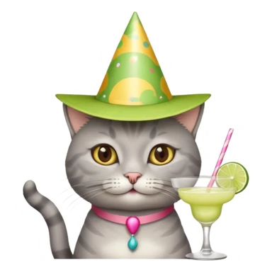 A grey cat is wearing a party hat, and drinking a margarita. sticker