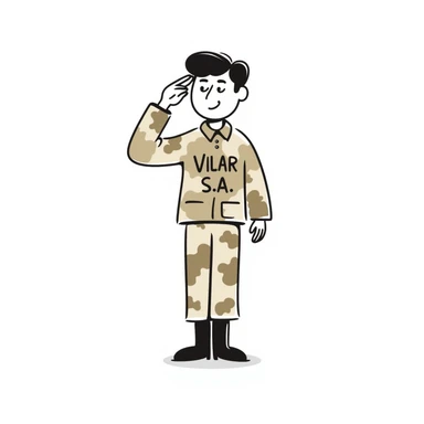 soldadito militar con camuflaje en crema, marrón y beige, saludando, con 'Vilar S.A.' escrito en el pecho, estilo dibujo a mano alzada sticker