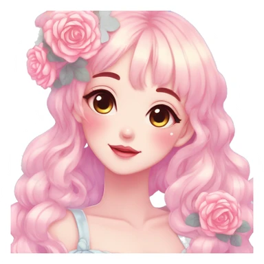 Gorgeous pastel anime style lady with blushing face and roses cottagecore fairycore pastelcore shiny colorful pearly aesthetic trending style sticker