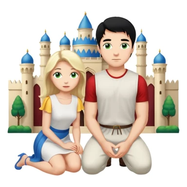 Man as prince, upright, black Hair, blue eyes, woman, blonde, green eyes, shott white sleveless Dress, kneeling, background palace sticker