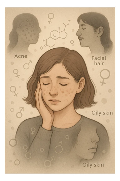 A young woman is surrounded by faint overlays of hormonal symbols and androgen molecules, with shadowy images of acne, facial hair, and oily skin projected around her, symbolizing the symptoms of PCOS with androgen excess. She looks down, gently touching her face with a resigned but hopeful expression, symbolizing her journey toward managing these symptoms. sticker